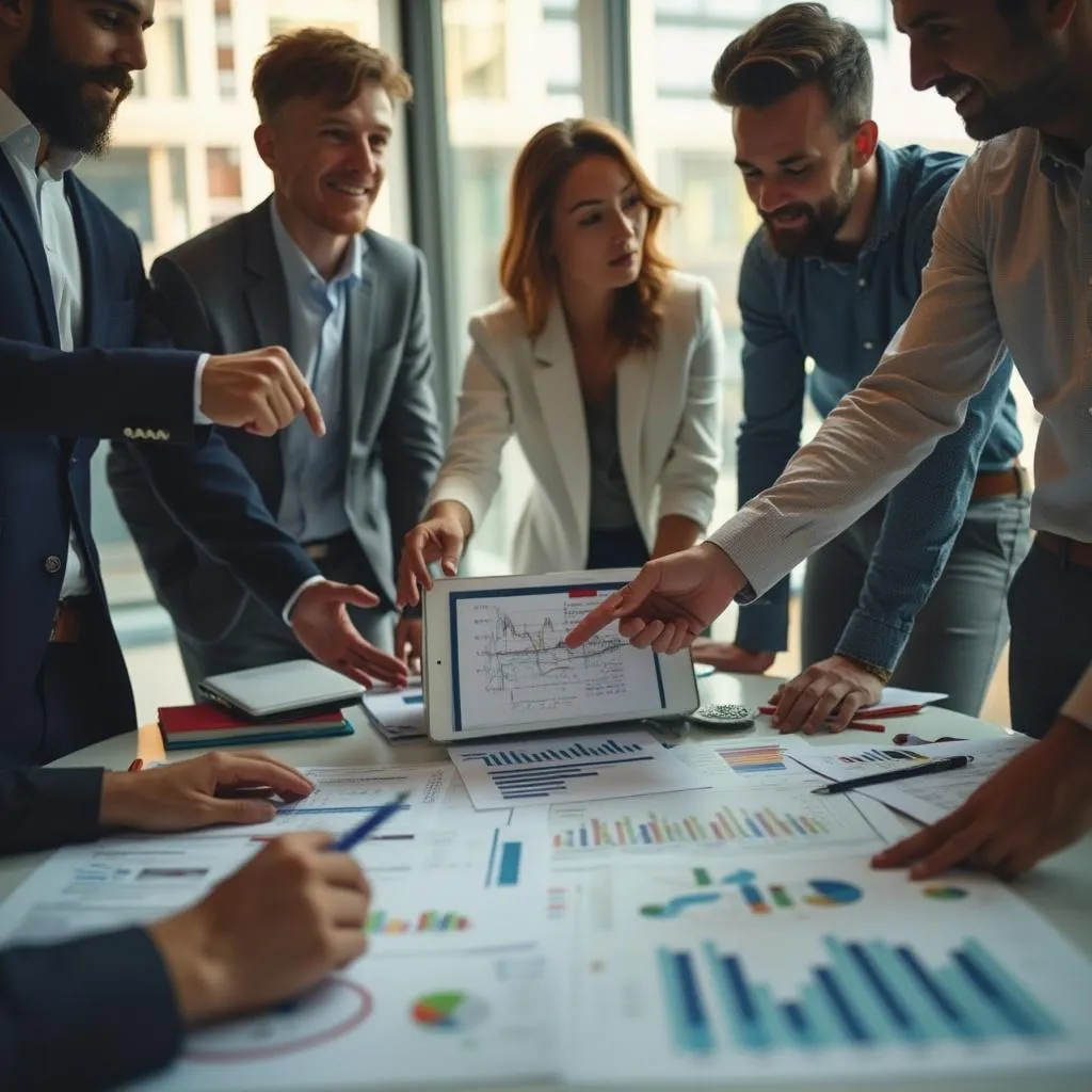 Equipo discutiendo estrategias financieras
